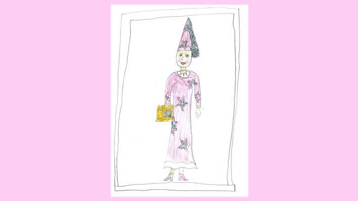 Kinderzeichnung: ein Mädchen im rosafarbenen Sternenkleid (Quelle: rbb/OHRENBÄR/Sara)