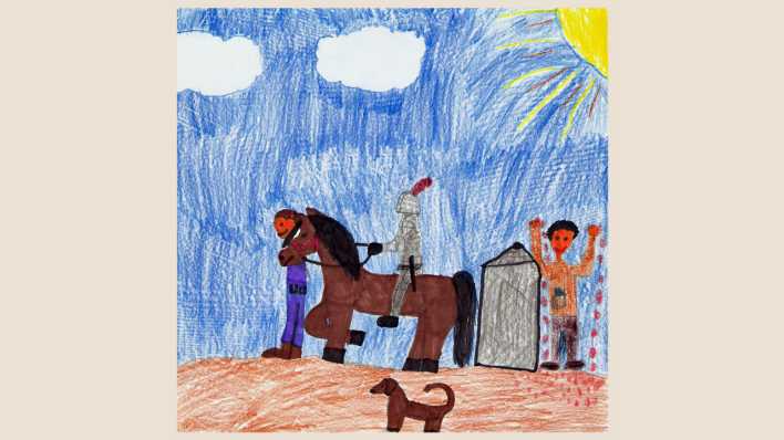 Kinderzeichnung: Ritter auf einem Pferd mit Knappe und Hund (Quelle: rbb/OHRENBÄR/Marie)