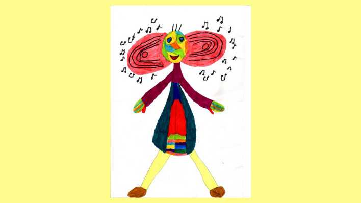 Kinderzeichnung: eine bunte Figur mit riesigen roten Ohren, um die Noten schwirren (Quelle: rbb/OHRENBÄR)