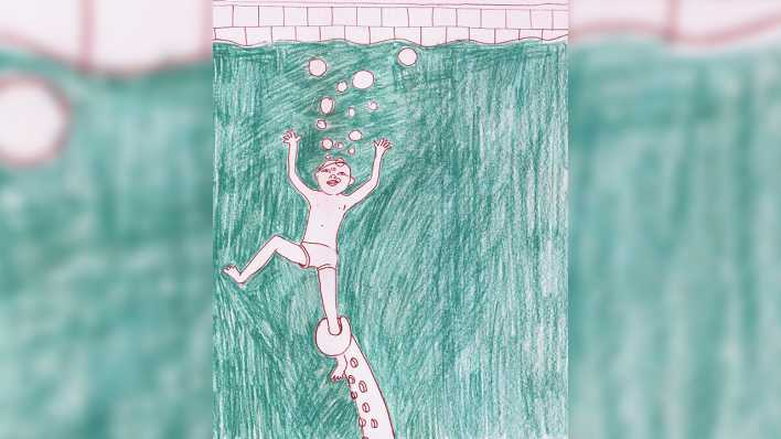 Zeichnung: Anton wird von einem Rüssel ins grüne Wasser gezogen (Quelle: Antje Rittermann)