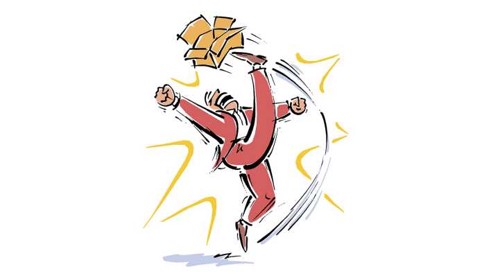 Zeichnung: Ein Mann im roten Anzug tritt mit voller Wucht gegen einen Karton (Quelle: imago/westend61)