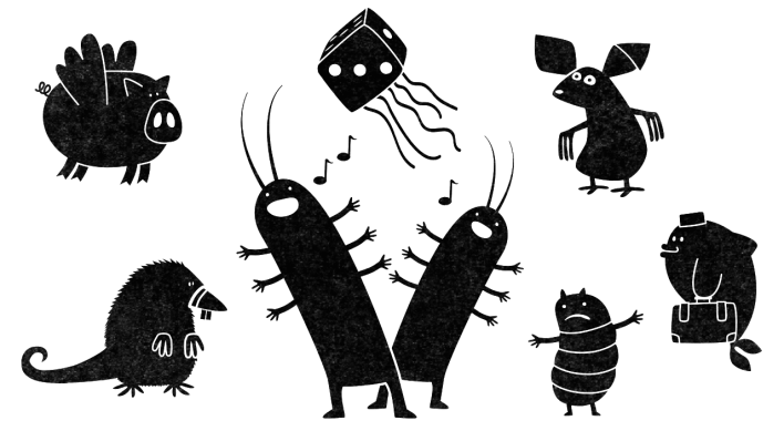 Zeichnung: ungewöhnliche schwarze Tiere, ein Fisch mit Hut und Koffer, ein Schwein mit Flügel, ein Maulwurf mit Rattenschwanz, eine Qualle als Würfel ... (Quelle: rbb/OHRENBÄR/Geka Pahnke)