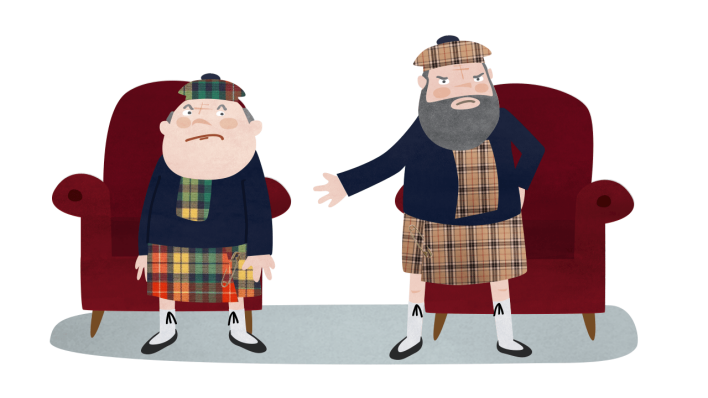 Zeichnung: Zwei Männer im Schottenrock, beide stehen vor einem Sessel (Illustration: Geka Pahnke)