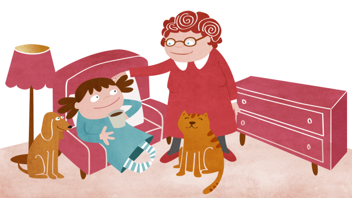 Zeichnung in rot: Mädchen sitzt im Sessel mit Becher in der Hand, Tante, Hund und Katze daneben (Quelle: rbb/OHRENBÄR/Geka Pahnke)