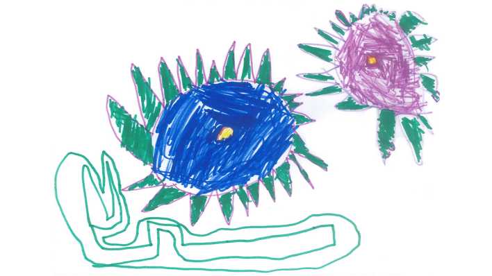 Kinderzeichnung: zwei Blumen, eine blaue und eine fliederfarbene (Quelle: rbb/OHRENBÄR/Simon)