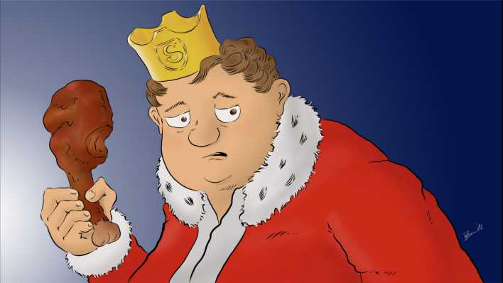 Zeichnung vom Sprecher der Radiogeschichte, Boris Aljinovic: König Ladislaus mit Krone und roter Königsrobe, in der rechten Hand eine Keule (Quelle: Boris Aljinovic)