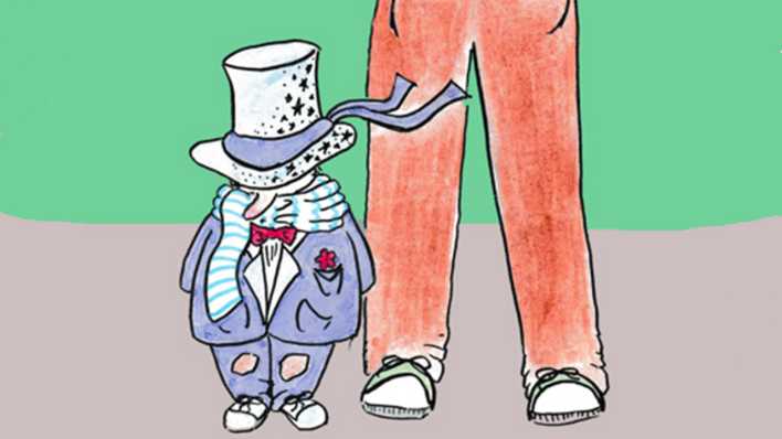 Zeichnung: Ein kleiner Mann in einem fliederfarbenen Anzug, mit einem großen Zylinder, daneben ein Beinpaar mit orangefarbener Hose (Quelle: Lara Kornblum)