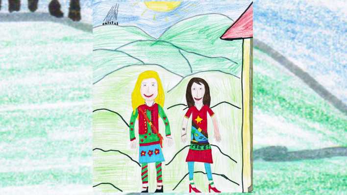 Bunte Kinderzeichnung: Mona und Lisa im bunten Dress in einer hügligen Landschaft, neben einem Haus (Quelle: Noam Nink)