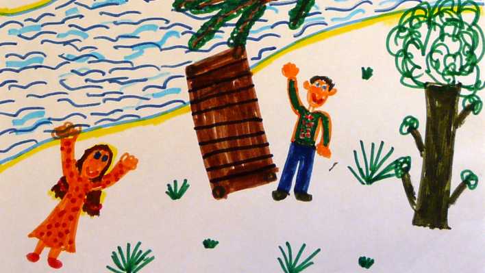 Bunte Kinderzeichnung: Ein Mädchen und ein Junge am Fluss winken, Bäume und Gras sind zu sehen (Quelle: rbb/OHRENBÄR/Freya)