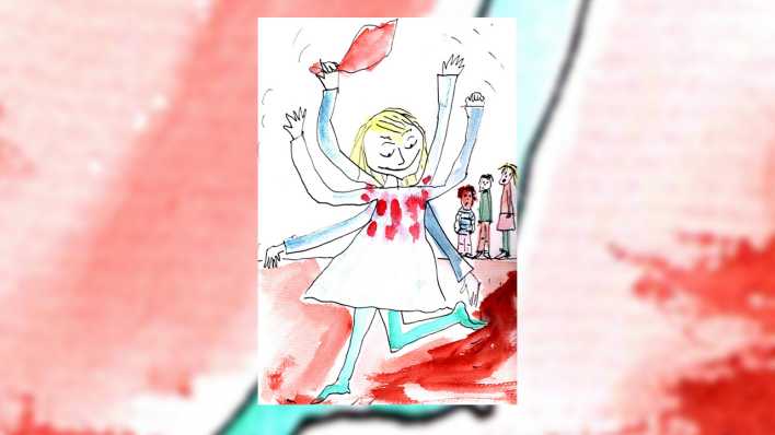 Zeichnung der Autorin: ein Mädchen wirbelt mit den Armen, in der Hand ein rotes Tuch, drei Kinder schauen staunend zu (Quelle: Karen Matting)