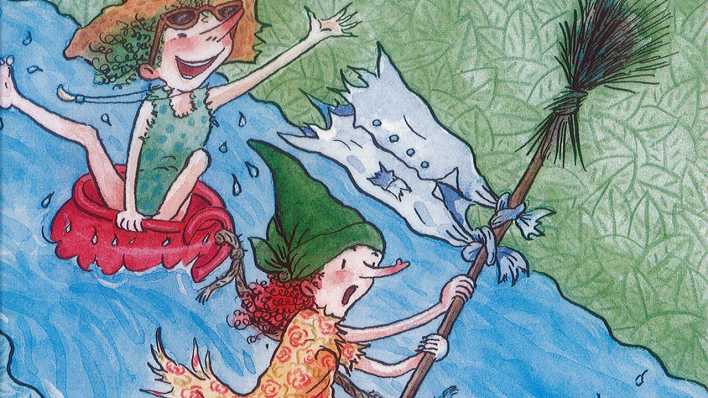 Zeichnung: Die Hexenschwestern Zuckerguss und Pumpernickel treiben auf dem Fluss (Quelle: Ueberreuter Verlag/Jutta Garbert)