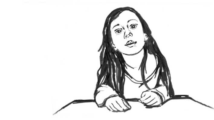 Zeichnung vom Autor in schwarz-weiß: Mädchen sitzt am Tisch (Quelle: Jörn Gerstenberg)