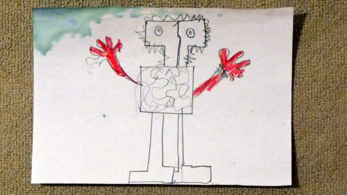 Kinderzeichnung: Haushaltsroboter Albert mit roten Armen (Quelle: rbb/OHRENBÄR/Vincent)