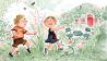 Bunte Zeichnung: zwei Kinder rennen in einem verwilderten Garten, Stühle, Tisch, ein Gartenschlauch, im Hintergrund ein grün überwachsenes Haus (Quelle: rbb/OHRENBÄR/Ina Worms)