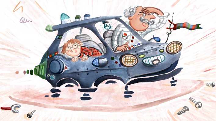 Zeichnung: Susanne und Proefssor Bleiweiß sitzen in der Reisemaschine, einem Auto ohne Räder, drumherum einzelne Schrauben (Quelle: rbb/OHRENBÄR/Ina Worms)