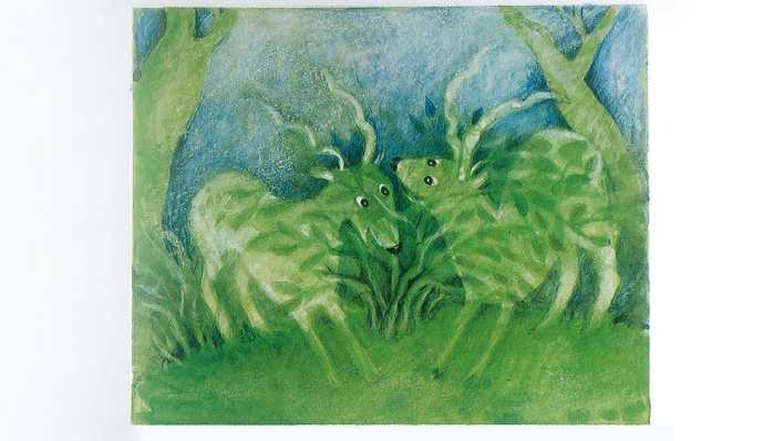 Zeichnung: zwei grüne Antilopen, vor grünem Wald im Hintergrund, kaum zu sehen (Quelle: Deutsche Grammophon/Jutta Timm)