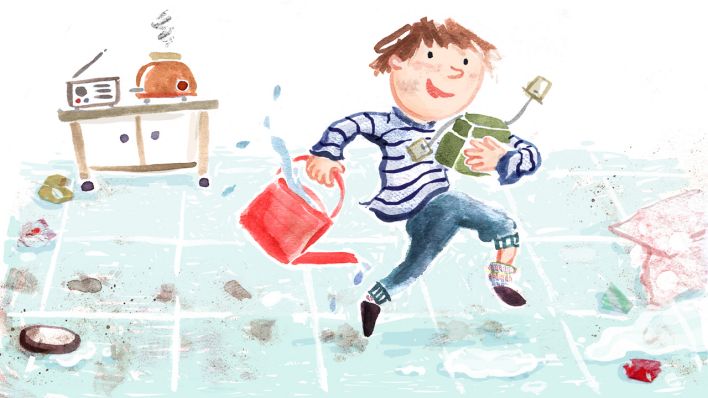 Zeichnung: Ein Junge läuft mit einer roten Gießkanne in der rechten Hand durch die Küche, alles ist Durcheinander, im Hintergrund ein kleiner Schrank mit Radio und Toaster (Quelle: rbb/OHRENBÄR/Ina Worms)