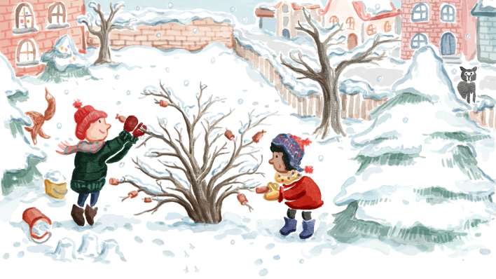 Bunte Zeichnung: Juri und Franziska schmücken einen Baum im Freien, es liegt Schnee, Häuser und Bäume drumherum, Tiere sind versteckt zu erkennen (Quelle: rbb/OHRENBÄR/Ina Worms)