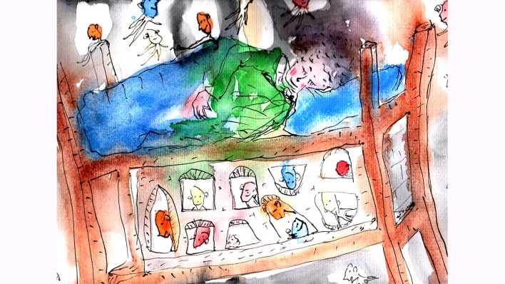 Zeichnung der Autorin: Nuno im Bett, um ihn bunte Wesen (Quelle: Karen Matting)
