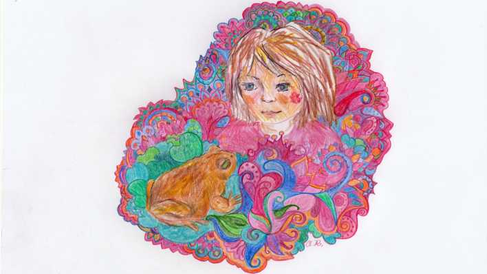 Bunte Zeichnung: Prinzessin Skilla und Kröte Timpet (Quelle: Charlotte Rieger)