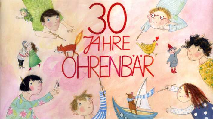 Bunte Zeichnung: Schriftzug "30 Jahre OHRENBÄR", drumherum Figuren und Szenen aus OHRENBÄR-Radiogeschichten (Quelle: rbb/OHRENBÄR/Daniela Bunge)