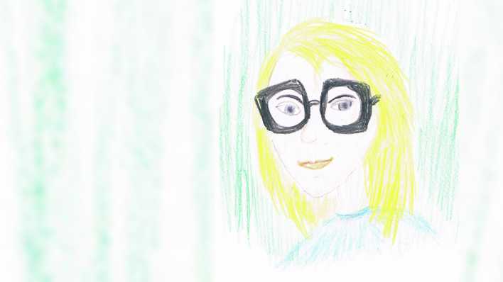 Bunte Kinderzeichnung: ein Mädchen mit gelbem Haar und großer, schwarzumrandeter Brille, vor grünem Hintergrund (Quelle: Nikolas Nink)