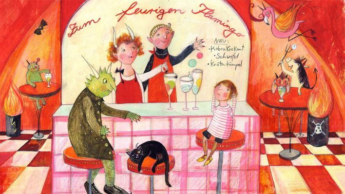 Bunte Zeichnung: Partystimmung mit Fantasiefiguren und Kind an einer Bar (Quelle: rbb/OHRENBÄR/Daniela Bunge)