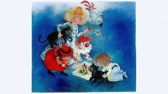 Bunte Zeichnung: ein Mädchen schaut in ein Buch auf dem Boden, um sie herum Tiere und Märchenfiguren (Quelle: Deutsche Grammophon/Jutta Timm)