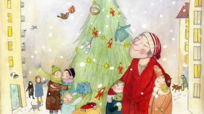 Bunte Zeichnung: Richard im roten Bademantel, umarmt zwei Kinder, im Hintergrund ein großer Weihnachtsbaum, Häuser, Tiere und Menschen (Quelle: rbb/OHRENBÄR/Daniela Bunge)