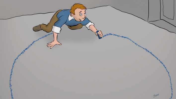 Zeichnung vom Sprecher der Radiogeschichte, Boris Aljinovic: der kleine Konrad zeichnet auf dem Boden mit blauer Kreide einen Kreis (Quelle: Boris Aljinovic)