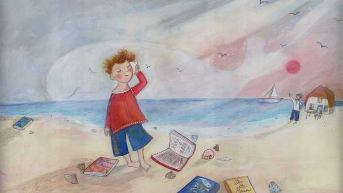 Bunte Zeichnung: ein Junge am Strand, um ihn viele Bücher, im Hintergrund ein Haus, der Großvater, das Meer (Quelle: rbb/OHRENBÄR/Daniela Bunge)