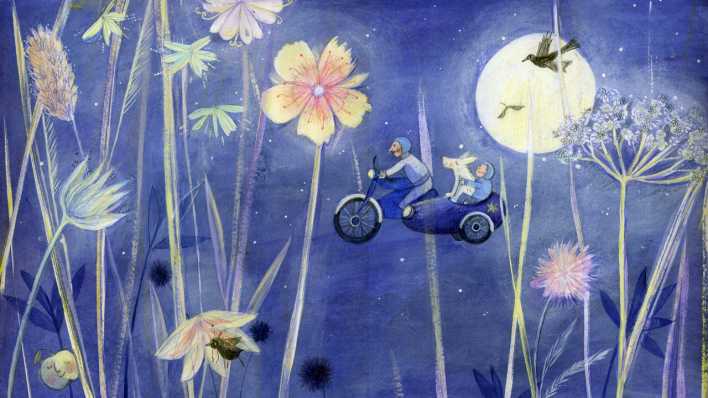 Bunte Zeichnung: Motorrad mit Beiwagen, darauf ein Mann und ein Junge mit Hund (Quelle: rbb/OHRENBÄR/Daniela Bunge)
