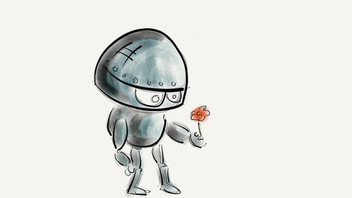 Bunte Zeichnung: ein Roboter hält eine orengefarbene Blume entgegen (Quelle: Pixabay)