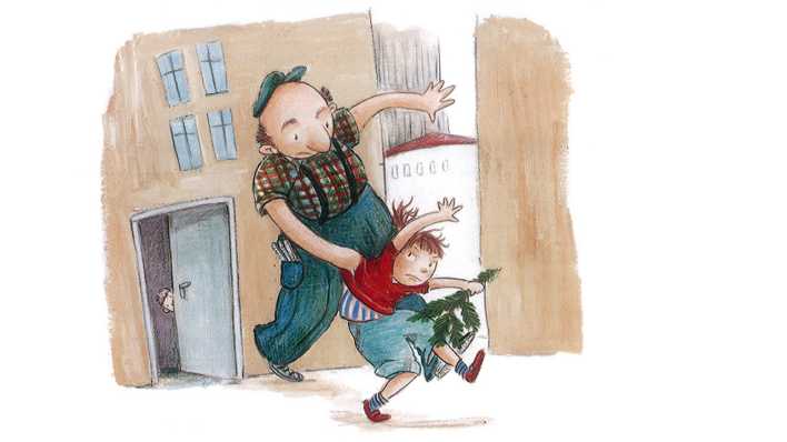Ein Mann hält ein Mädchen fest, im Hintergrund Häuser, aus einer lugt ein Junge hervor (Quelle: Ellermann Verlag/Barbara Korthues)