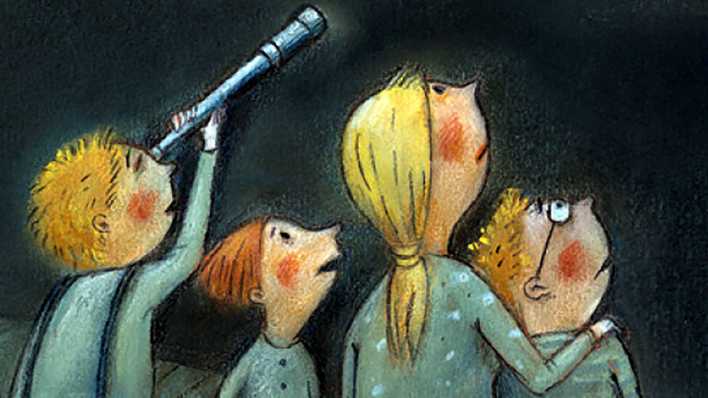 Bunte Zeichnung: es ist dunkel, vier Kinder beobachten den Himmel, ein Junge mit einem Fernrohr (Quelle: Sauerländer/Jacky Gleich)