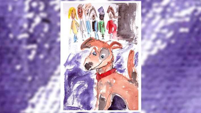 Originalzeichnung der Autorin: ein Hund mit rotem Halsband, im Hintergrund Menschen in bunter Kleidung (Quelle: Karen Matting)