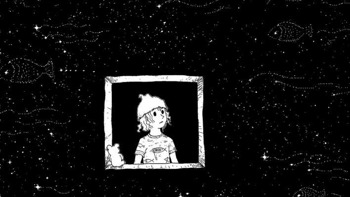 Schwarz-weiß-Zeichnung: ein Junge schaut aus dem Fenster in den nächtlichen Sternenhimmel, ein kleiner Teddybär auf dem Fensterbrett (Quelle: Pixabay)