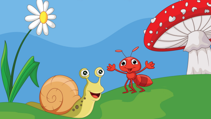 Bunte Zeichnung: eine rote Ameise begrüßt die Schnecke, im Hintergrund Blume und Pilz (Quelle: Colourbox)
