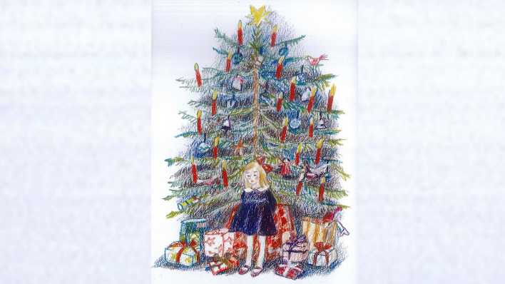 Bunte Zeichnung der Autorin: ein Mädchen im lilafarbenem Kleid, vor einem großen Weihnachtsbaum, viele Geschenke darunter (Quelle: Gisela Degler-Rummel)
