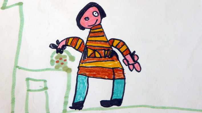 Bunte Kinderzeichnung: Mädchen mit gestreiftem Kleid am Tisch (Quelle: rbb/OHRENBÄR/Lieven)