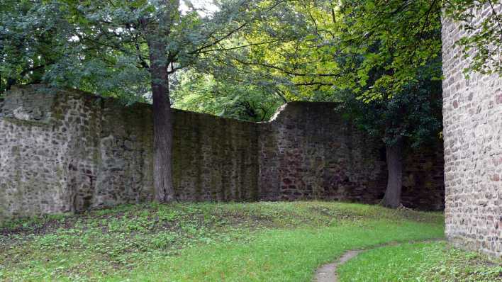 Steinmauern, dazwischen ein Weg mit grünem Rasen, davor und dahinter Bäume (Quelle: rbb/OHRENBÄR/Sonja Kessen)