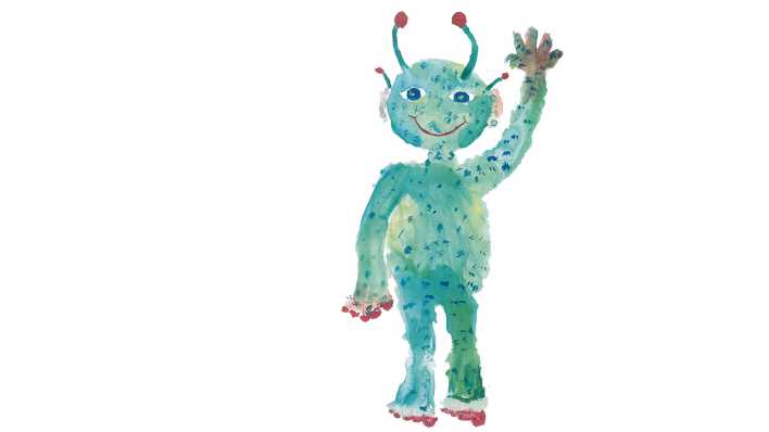 Bunte Kinderzeichnung: ein grüner Außerirdischer winkt mit einer Hand und lacht (rbb/OHRENBÄR/Julia)
