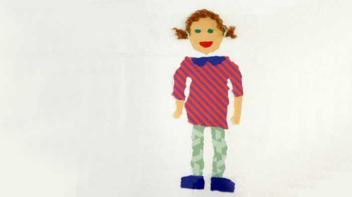 Bunte Kinderzeichnung: ein Mädchen mit blauen Schuhen und Zöpfen (Quelle: rbb/OHRENBÄR)