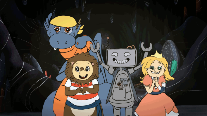 Screenshot aus dem Film zur ARD-Kinderradionacht 2017 mit vier Zeichentrickfiguren - Drachen, Igel, Roboter und Prinzessin (Quelle: ARD)