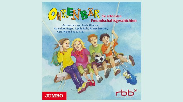 Coverzeichnung der CD "Die schönsten Freundschaftsgeschichten" mit Kindern auf einer großen Schaukel (Cover: Jumbo Verlag)
