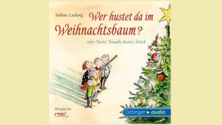Coverzeichnung der CD "Wer hustet da am Weihnachtsbaum?" mit Familie vor einem Weihnachtsbaum (Cover: Oetinger Audio)