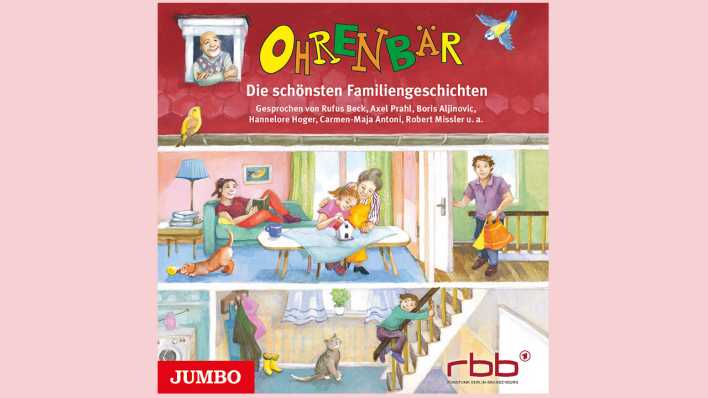Zeichnung: Blick in ein offenes Haus, eine Familie mit Vater, Mutter, Kinder, Großeltern, Hund und Katze auf drei Etagen (Quelle: Jumbo Verlag)