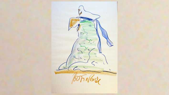 Originalzeichnung von Manfred Bofinger: ein bunter Papagei mit Seemannsmütze, darunter Signatur (Quelle: rbb/OHRENBÄR/Manfred Bofinger)