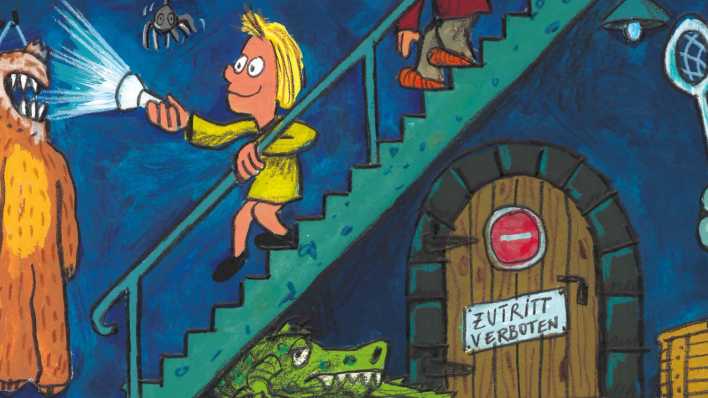 Ausschnitt vom Plakat zur ARD-Kinderradionacht: ein Mädchen auf der Kellertreppe mit einer Taschenlampe, sie strahlt ein Bärenkostüm ein (Quelle: ARD)
