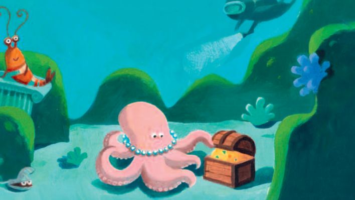 Zeichnung, Plakat-Ausschnitt der ARD-Radionacht für Kinder, auf dem Meeresgrund ein Tintenfisch mit Perlenkette öffnet eine Schatzkiste, im Hintergrund kommt ein Taucher © ARD